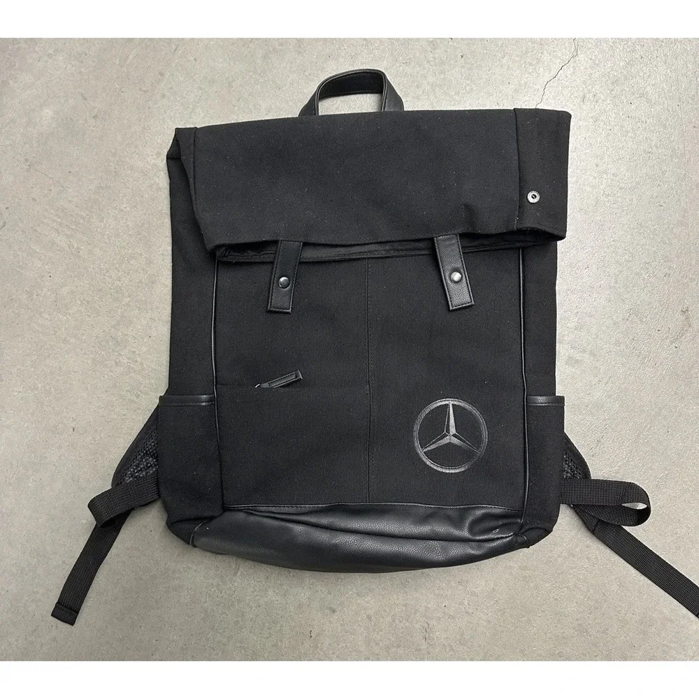 Mercedes-Benz Black Roll Top Backpack Canvas Laptop Travel Bag Unisex Car Logo